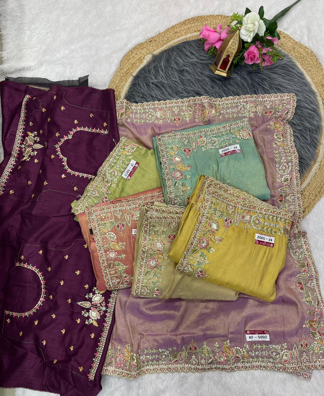 KF-5002 FANCY TISSUE FABRIC SAREE WITH EMBORDERY WORK WITH THREAD WORK WITH BEAUTIFUL DEISGN WITH CUTWORK WITH BEAUTIFUL BORDER WITH HEAVY BLOUSE