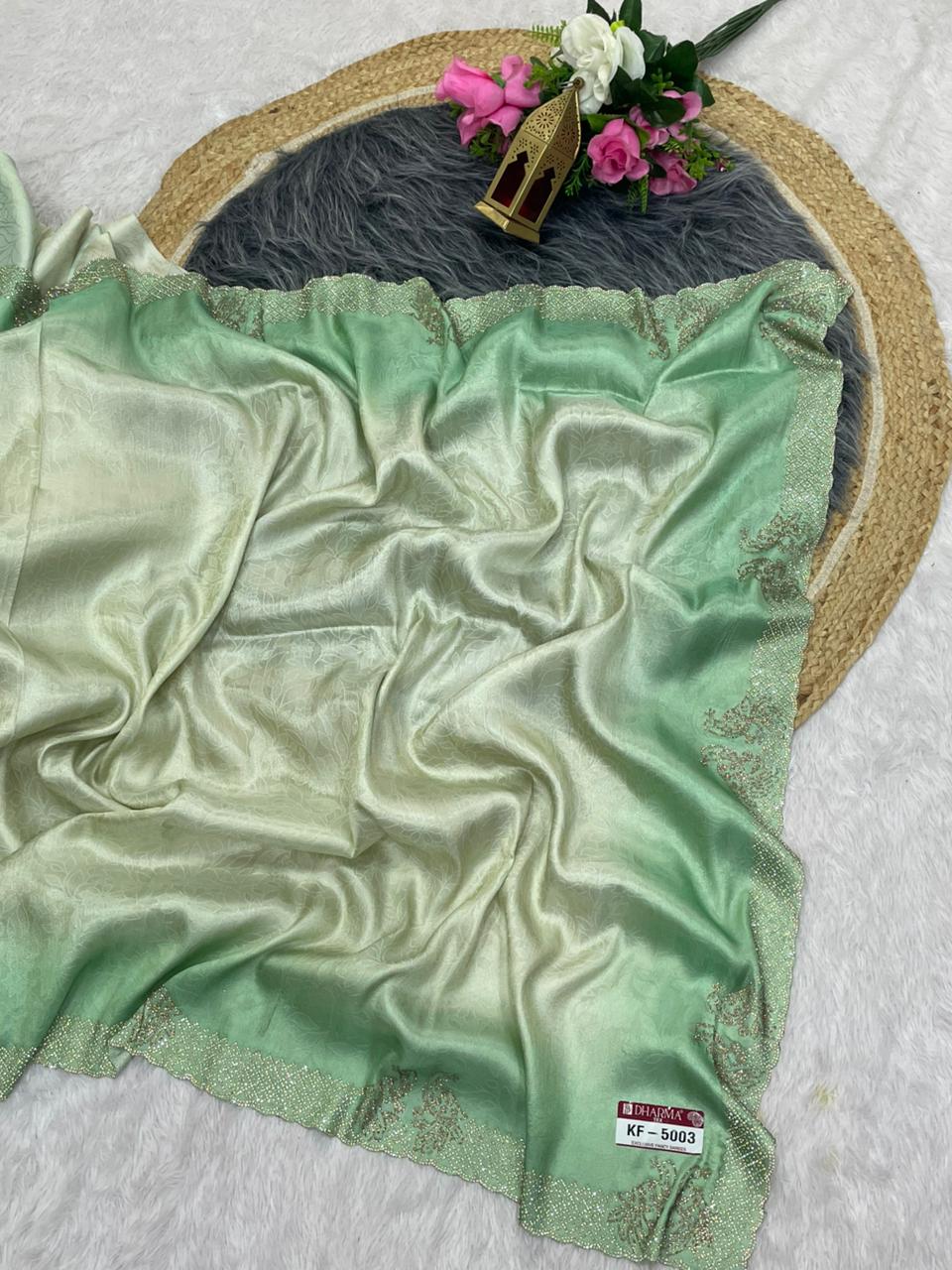KF-5003 GIRAFFE FABRIC SAREE WITH MULTI SHADE COLOUR WITH JARKAN WORK WITH PEACOK DESIGN WITH PREMIUM DESIGNER SAREE
