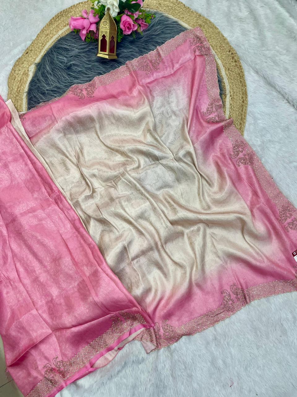 KF-5003 GIRAFFE FABRIC SAREE WITH MULTI SHADE COLOUR WITH JARKAN WORK WITH PEACOK DESIGN WITH PREMIUM DESIGNER SAREE