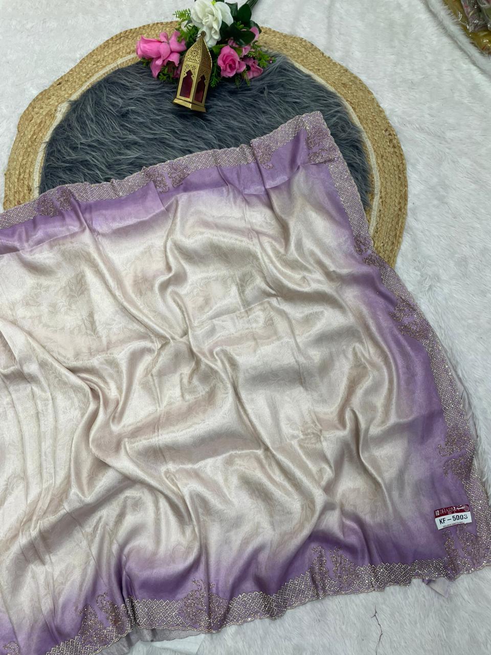 KF-5003 GIRAFFE FABRIC SAREE WITH MULTI SHADE COLOUR WITH JARKAN WORK WITH PEACOK DESIGN WITH PREMIUM DESIGNER SAREE