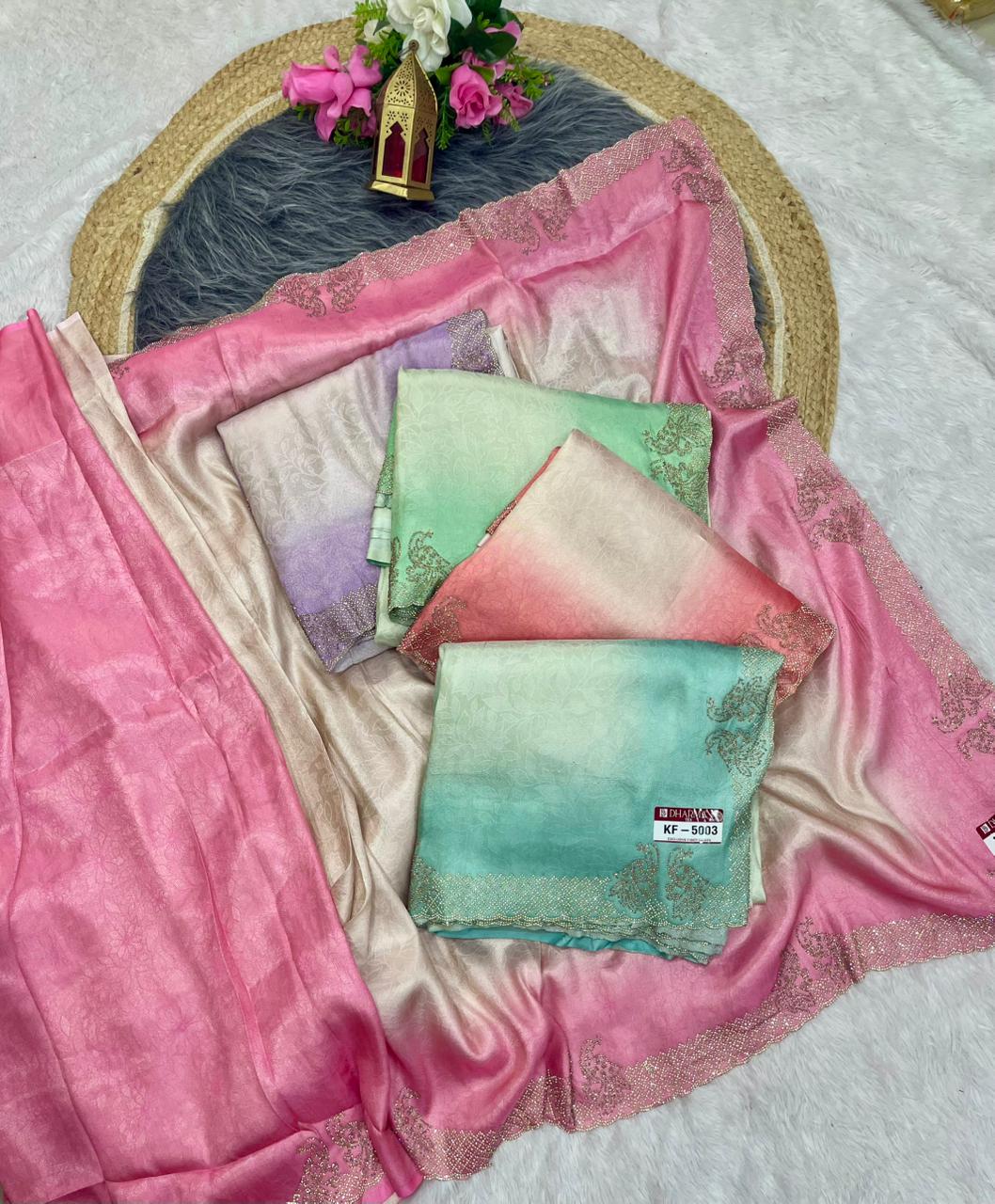 KF-5003 GIRAFFE FABRIC SAREE WITH MULTI SHADE COLOUR WITH JARKAN WORK WITH PEACOK DESIGN WITH PREMIUM DESIGNER SAREE