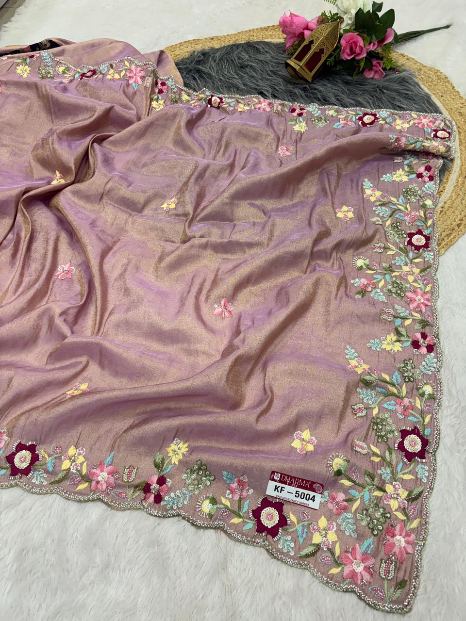 KF-5004 FANCY TISSUE FABRIC SAREE WITH HEAVY HANDWORK WITH THREAD WORK WITH BEAUTIFUL FLORAL DESIGN WITH HEAVY CONTRAST BLOUSE