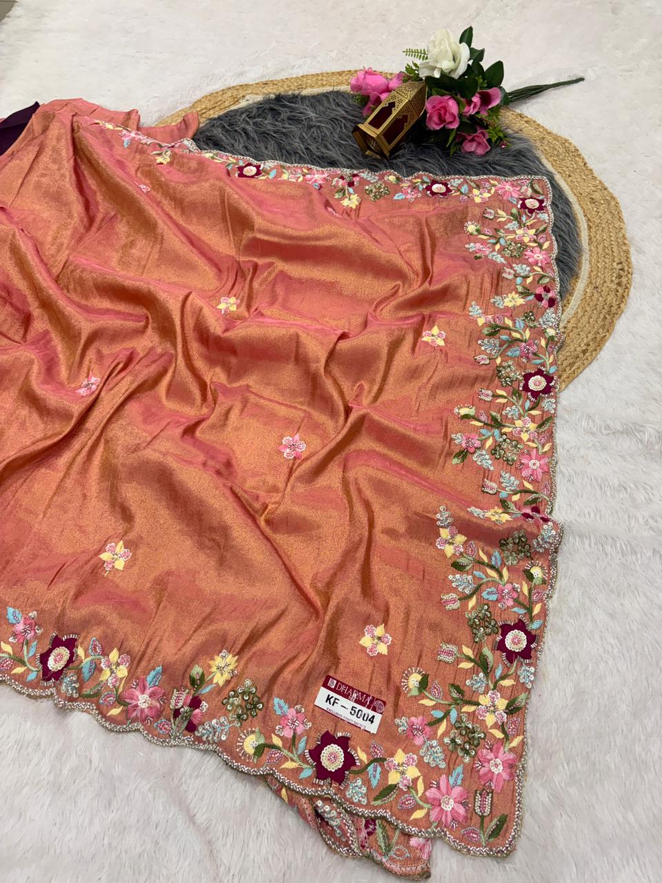 KF-5004 FANCY TISSUE FABRIC SAREE WITH HEAVY HANDWORK WITH THREAD WORK WITH BEAUTIFUL FLORAL DESIGN WITH HEAVY CONTRAST BLOUSE