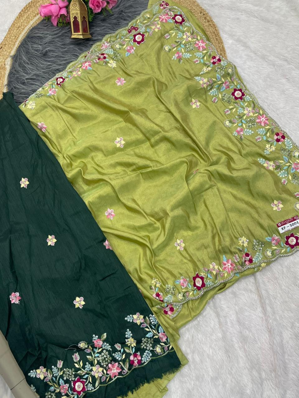 KF-5004 FANCY TISSUE FABRIC SAREE WITH HEAVY HANDWORK WITH THREAD WORK WITH BEAUTIFUL FLORAL DESIGN WITH HEAVY CONTRAST BLOUSE