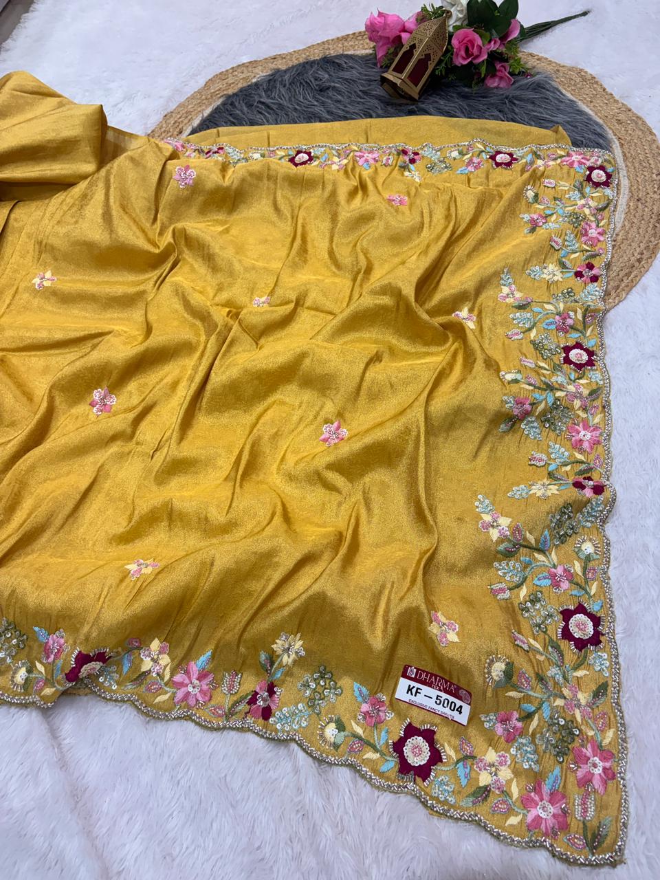 KF-5004 FANCY TISSUE FABRIC SAREE WITH HEAVY HANDWORK WITH THREAD WORK WITH BEAUTIFUL FLORAL DESIGN WITH HEAVY CONTRAST BLOUSE