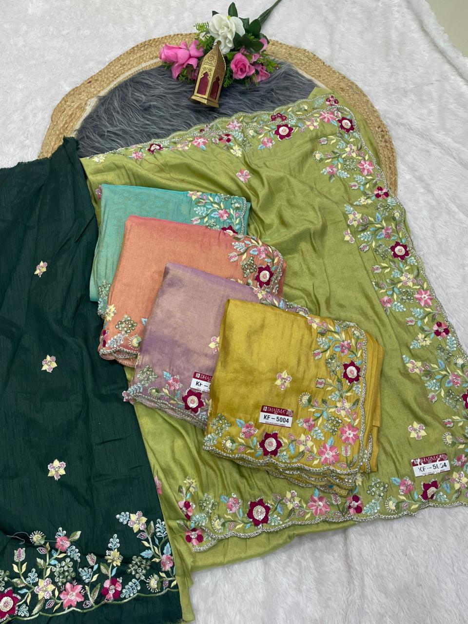 KF-5004 FANCY TISSUE FABRIC SAREE WITH HEAVY HANDWORK WITH THREAD WORK WITH BEAUTIFUL FLORAL DESIGN WITH HEAVY CONTRAST BLOUSE