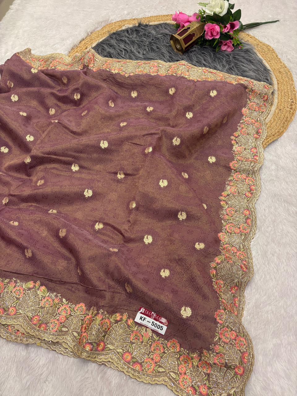 KF-5005 FANCY TISSUE FABRIC SAREE WITH HEAVY EMBROIDERY WORK WITH JAKRAN WORK WITH SELF WEAVING WORK WITH HEAVY BLOUSE