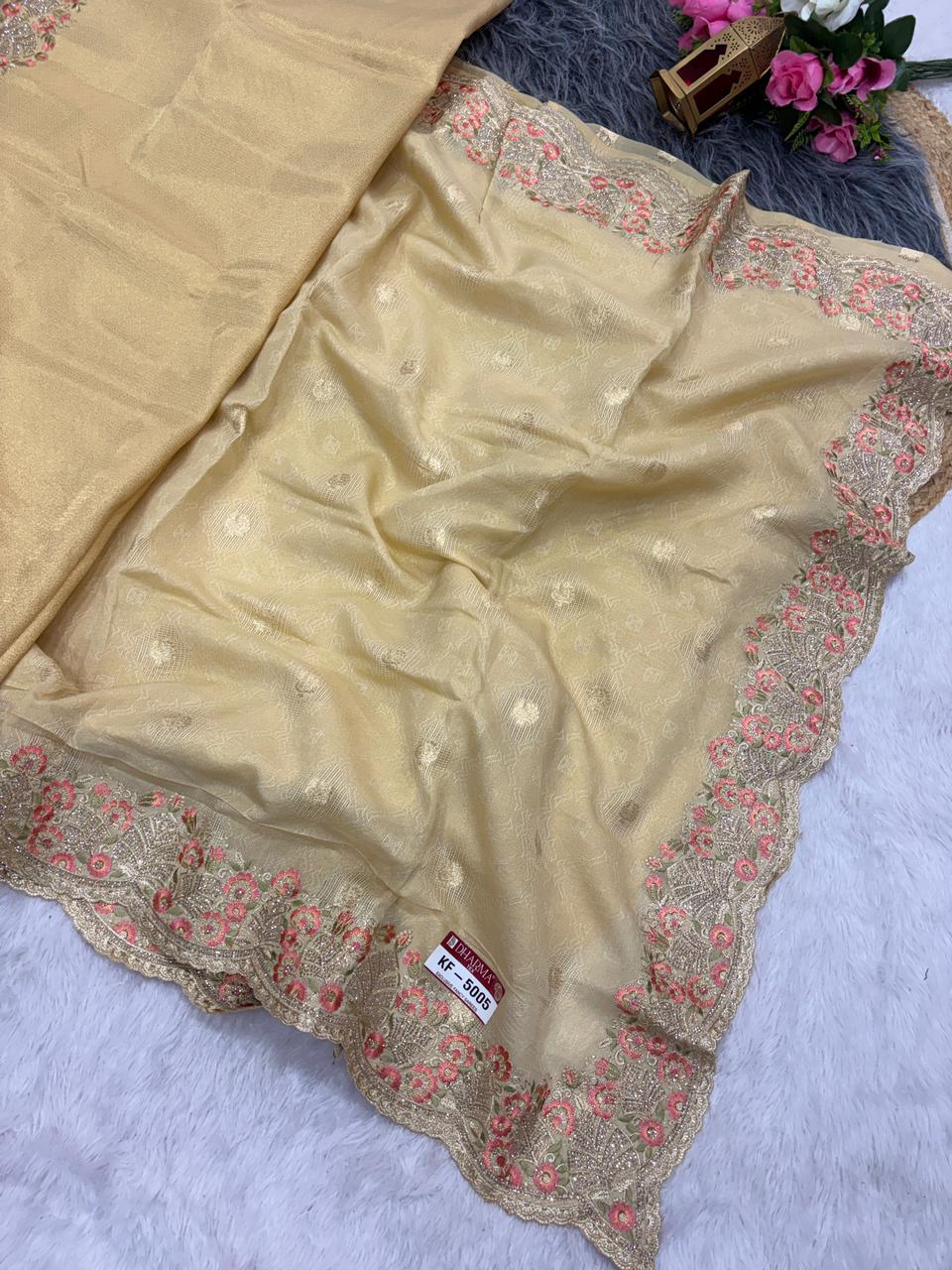 KF-5005 FANCY TISSUE FABRIC SAREE WITH HEAVY EMBROIDERY WORK WITH JAKRAN WORK WITH SELF WEAVING WORK WITH HEAVY BLOUSE
