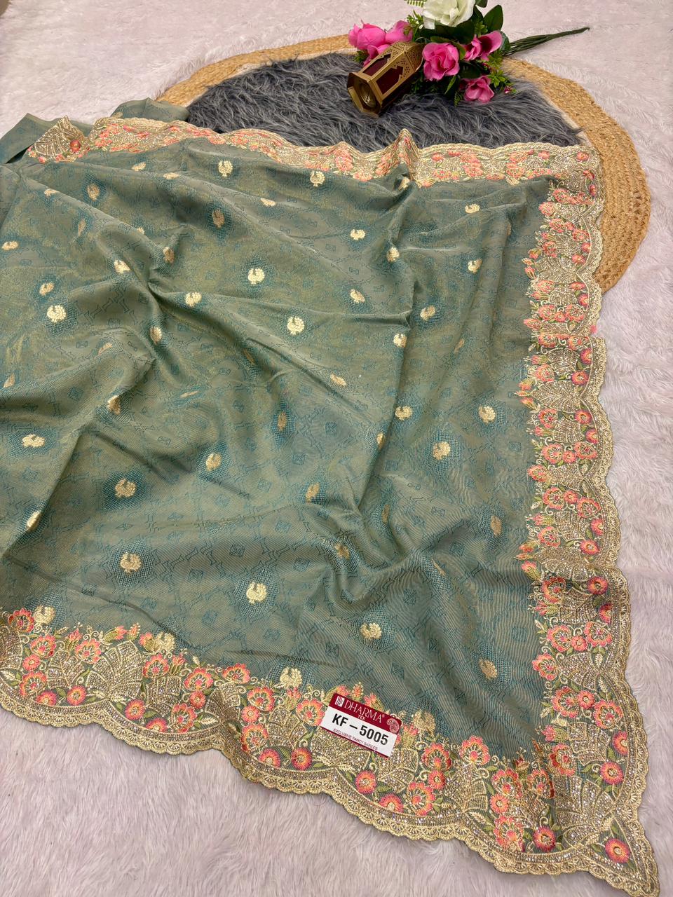KF-5005 FANCY TISSUE FABRIC SAREE WITH HEAVY EMBROIDERY WORK WITH JAKRAN WORK WITH SELF WEAVING WORK WITH HEAVY BLOUSE