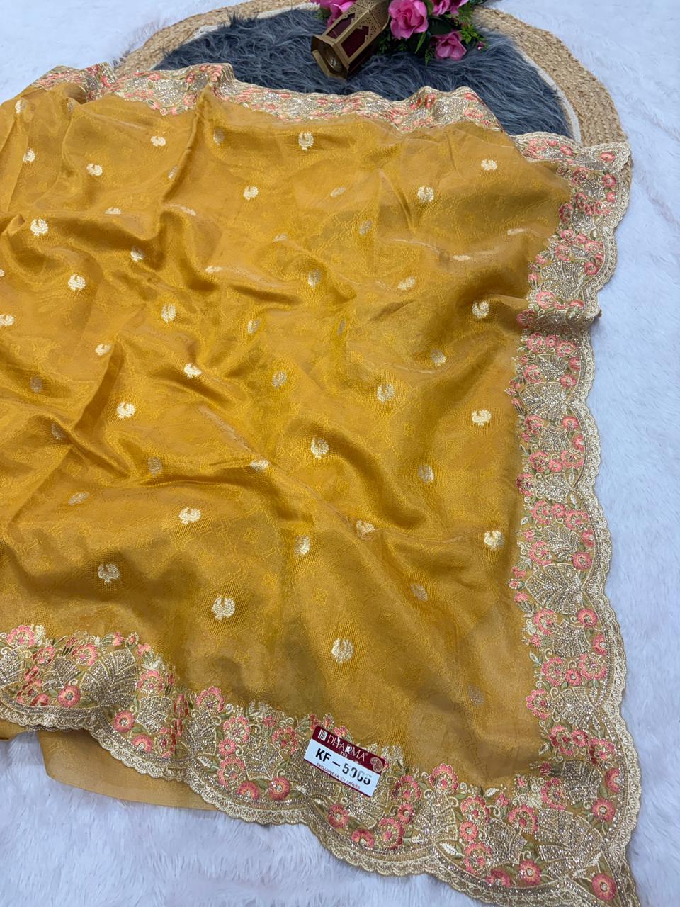 KF-5005 FANCY TISSUE FABRIC SAREE WITH HEAVY EMBROIDERY WORK WITH JAKRAN WORK WITH SELF WEAVING WORK WITH HEAVY BLOUSE