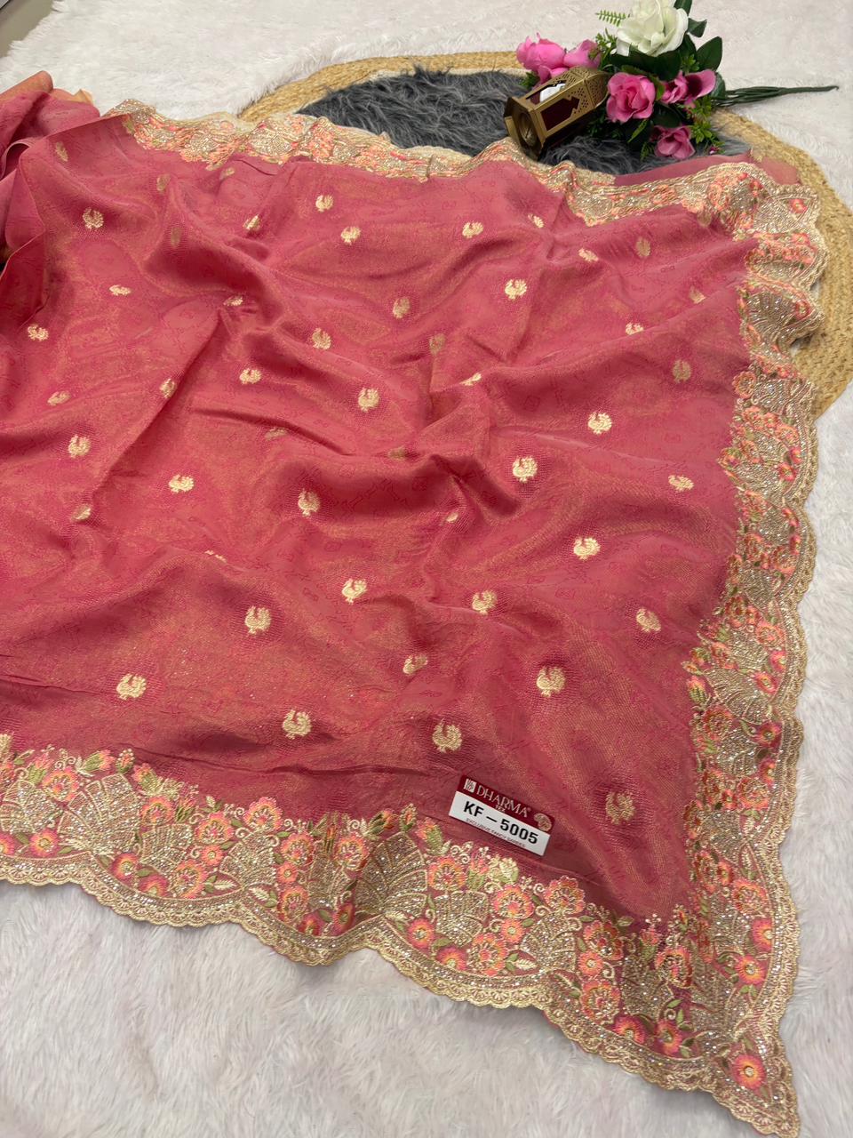 KF-5005 FANCY TISSUE FABRIC SAREE WITH HEAVY EMBROIDERY WORK WITH JAKRAN WORK WITH SELF WEAVING WORK WITH HEAVY BLOUSE