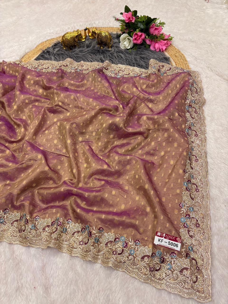 KF-5006 FANCY FABRIC SAREE WITH HEAVY EMBOIRDERY WORK WITH JARKAN WORK WITH BEAUTIFUL DESIGN WITH CONRAST FIRMA BLOUSE