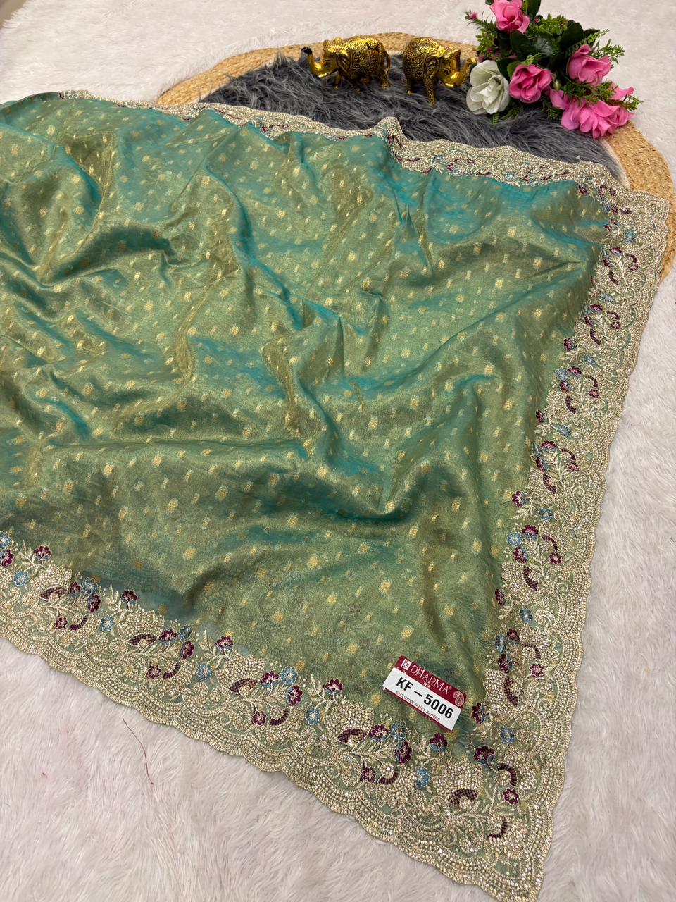 KF-5006 FANCY FABRIC SAREE WITH HEAVY EMBOIRDERY WORK WITH JARKAN WORK WITH BEAUTIFUL DESIGN WITH CONRAST FIRMA BLOUSE