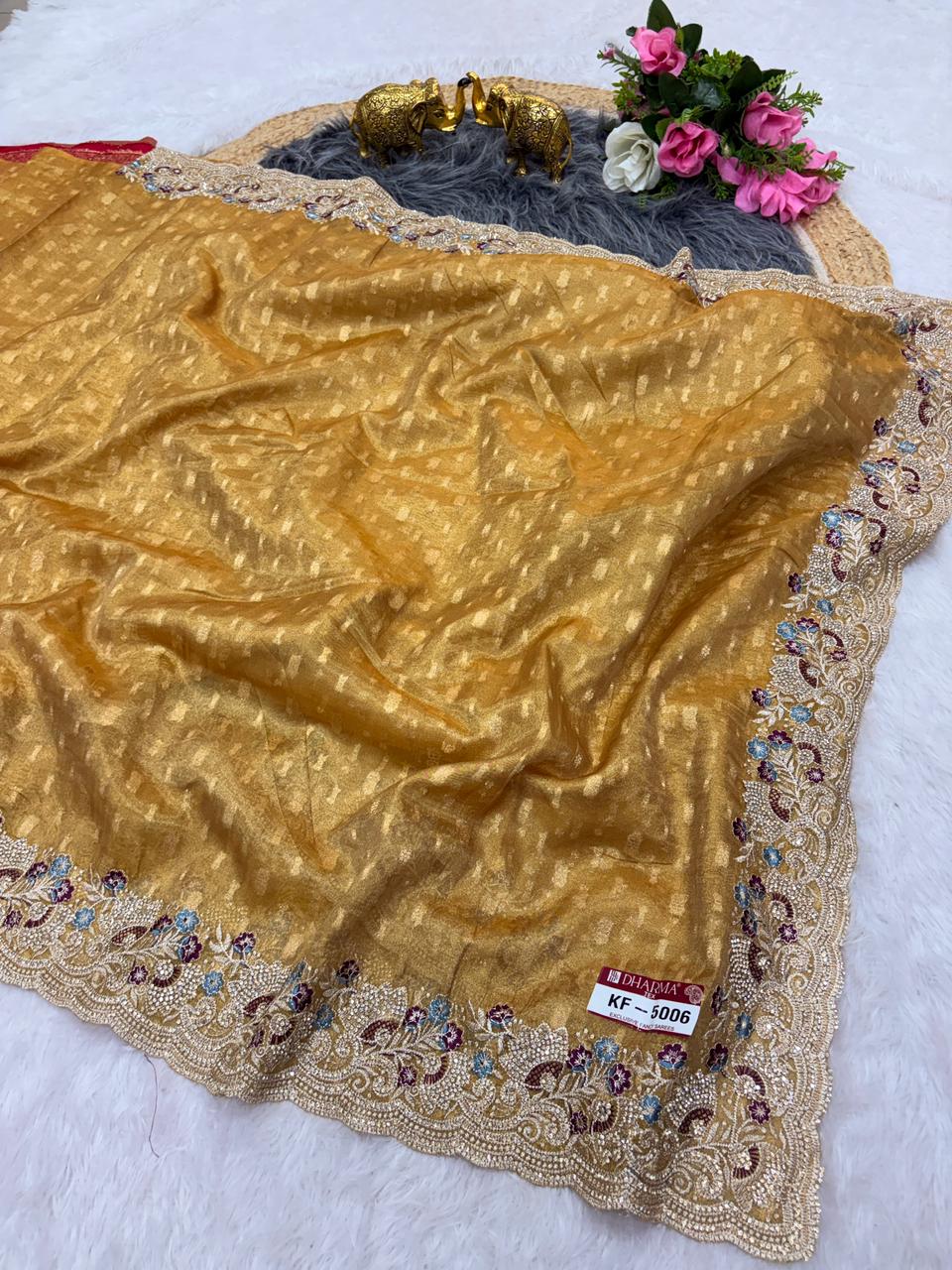 KF-5006 FANCY FABRIC SAREE WITH HEAVY EMBOIRDERY WORK WITH JARKAN WORK WITH BEAUTIFUL DESIGN WITH CONRAST FIRMA BLOUSE