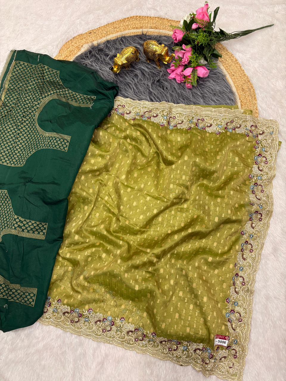 KF-5006 FANCY FABRIC SAREE WITH HEAVY EMBOIRDERY WORK WITH JARKAN WORK WITH BEAUTIFUL DESIGN WITH CONRAST FIRMA BLOUSE