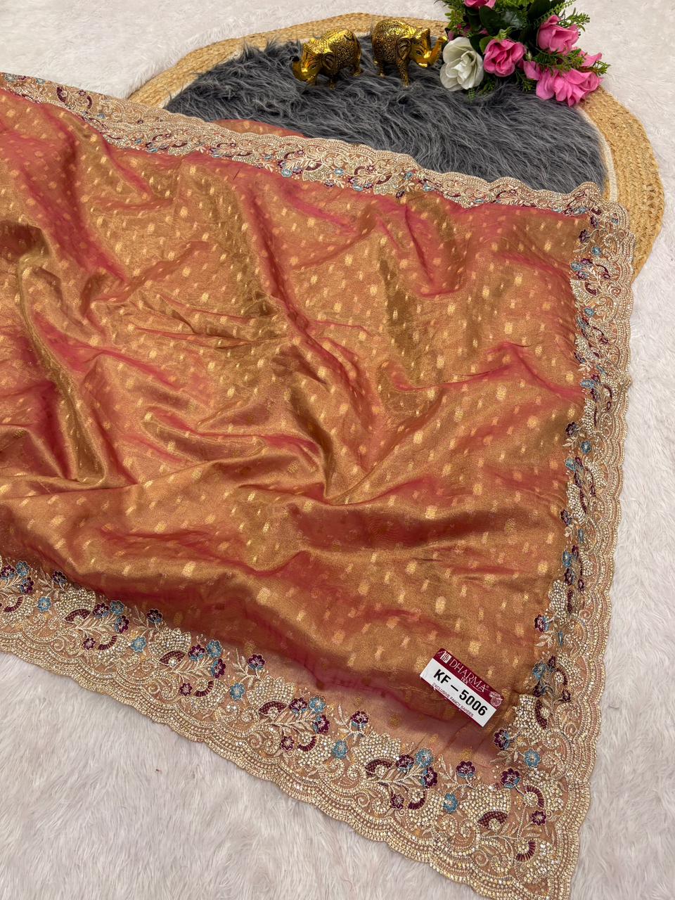 KF-5006 FANCY FABRIC SAREE WITH HEAVY EMBOIRDERY WORK WITH JARKAN WORK WITH BEAUTIFUL DESIGN WITH CONRAST FIRMA BLOUSE