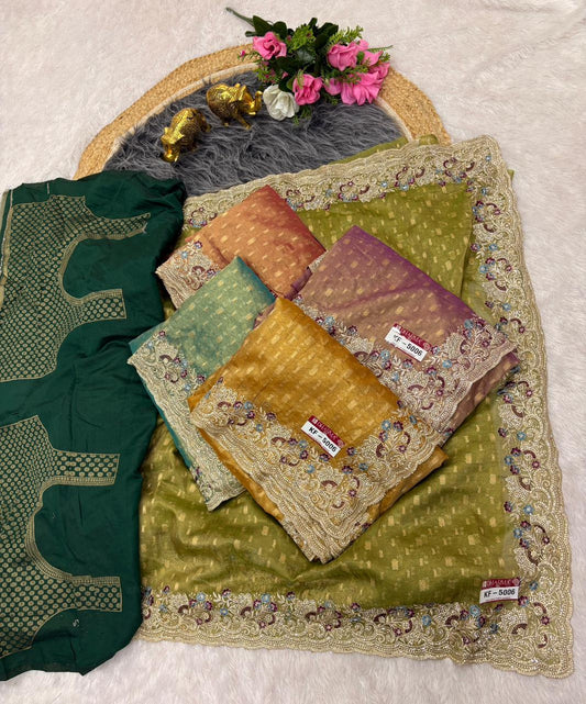 KF-5006 FANCY FABRIC SAREE WITH HEAVY EMBOIRDERY WORK WITH JARKAN WORK WITH BEAUTIFUL DESIGN WITH CONRAST FIRMA BLOUSE