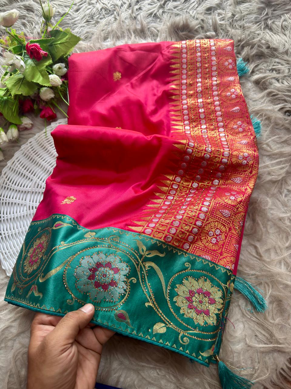 SA-7088 SOFT SILK FABRIC SAREE WITH BEAUTIFUL  RICH PALLU DESIGN WITH HEAVY SIROSKI WORK ON SAREE WITH SATIN FABRIC BORDER WITH TASSELS