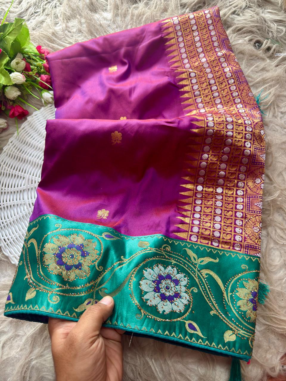 SA-7088 SOFT SILK FABRIC SAREE WITH BEAUTIFUL  RICH PALLU DESIGN WITH HEAVY SIROSKI WORK ON SAREE WITH SATIN FABRIC BORDER WITH TASSELS