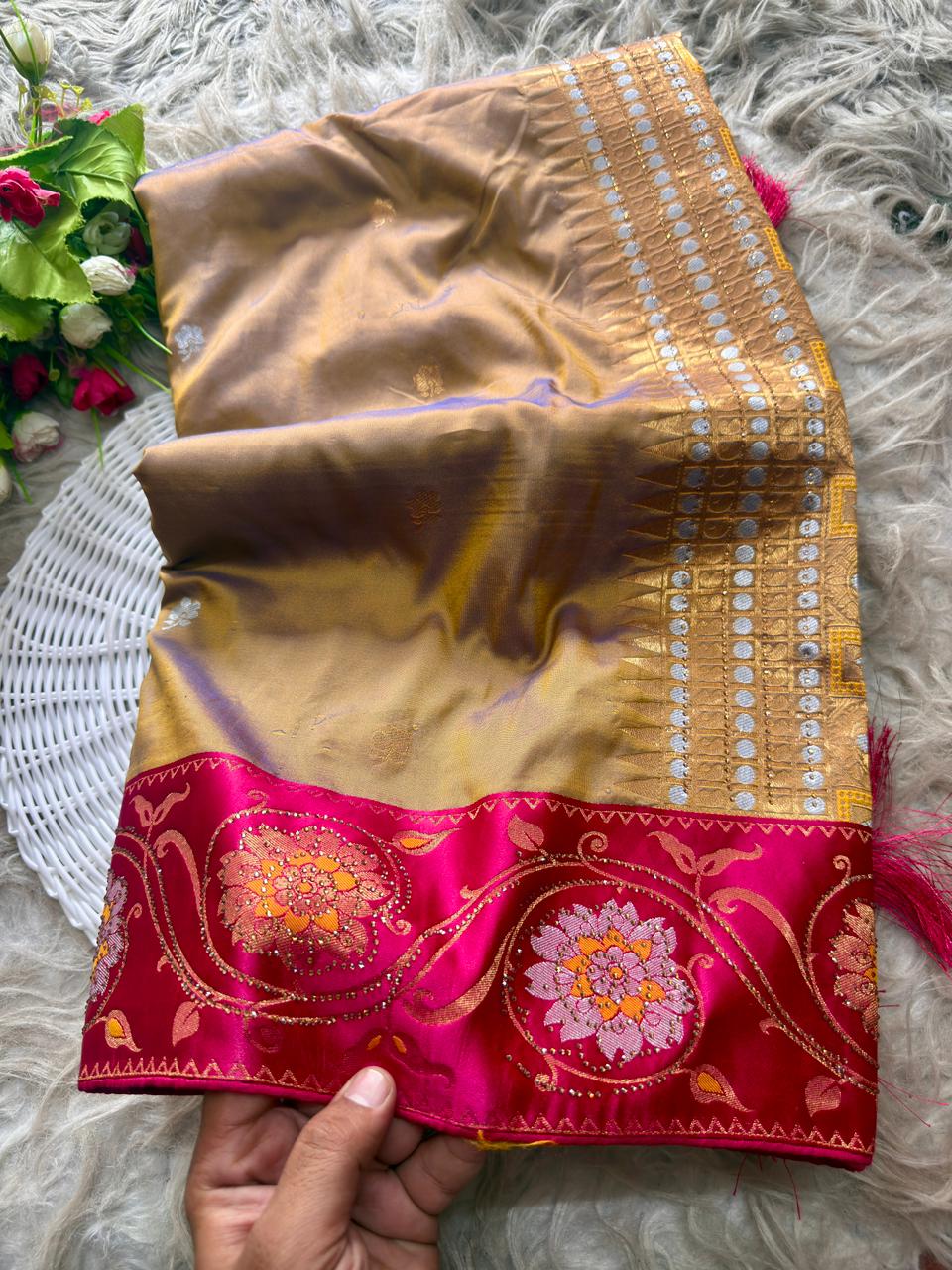 SA-7088 SOFT SILK FABRIC SAREE WITH BEAUTIFUL  RICH PALLU DESIGN WITH HEAVY SIROSKI WORK ON SAREE WITH SATIN FABRIC BORDER WITH TASSELS