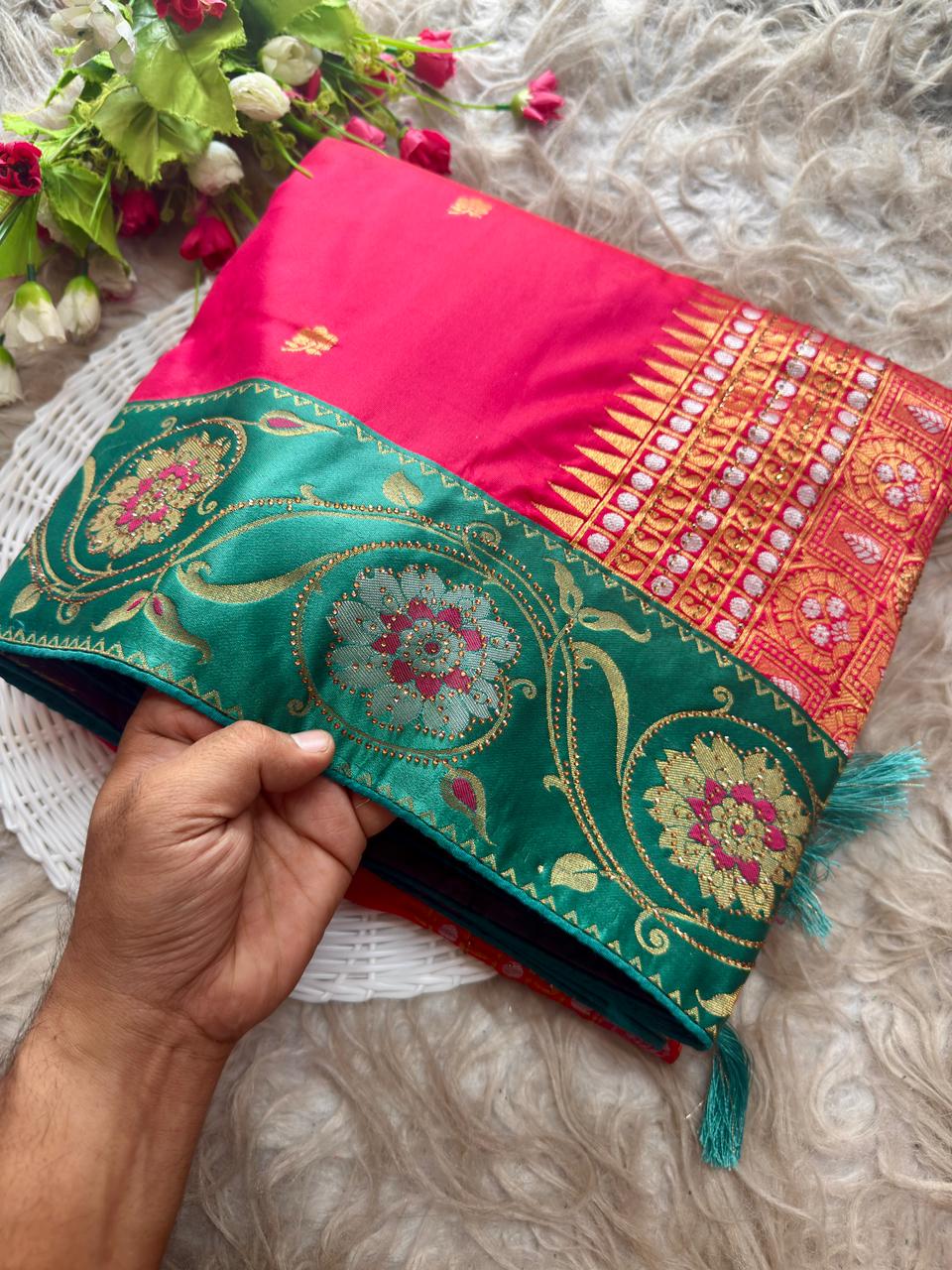 SA-7088 SOFT SILK FABRIC SAREE WITH BEAUTIFUL  RICH PALLU DESIGN WITH HEAVY SIROSKI WORK ON SAREE WITH SATIN FABRIC BORDER WITH TASSELS