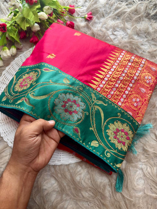SA-7088 SOFT SILK FABRIC SAREE WITH BEAUTIFUL  RICH PALLU DESIGN WITH HEAVY SIROSKI WORK ON SAREE WITH SATIN FABRIC BORDER WITH TASSELS