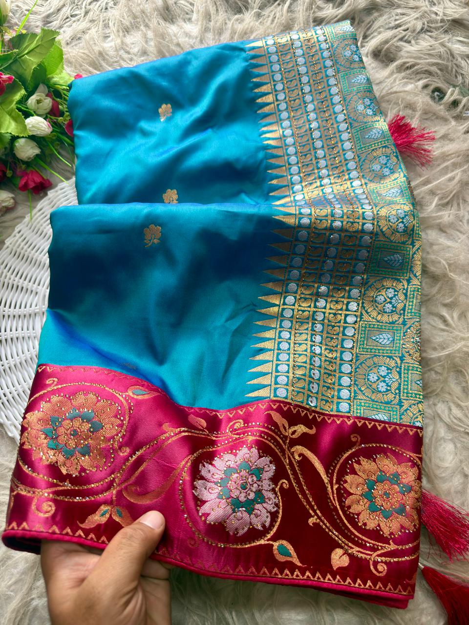 SA-7088 SOFT SILK FABRIC SAREE WITH BEAUTIFUL  RICH PALLU DESIGN WITH HEAVY SIROSKI WORK ON SAREE WITH SATIN FABRIC BORDER WITH TASSELS