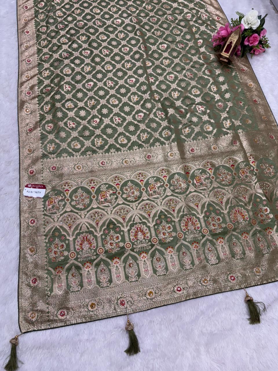 AJ-MONTY Satin silk saree with dusty matching saree with multi meena work with ghatchola pattern