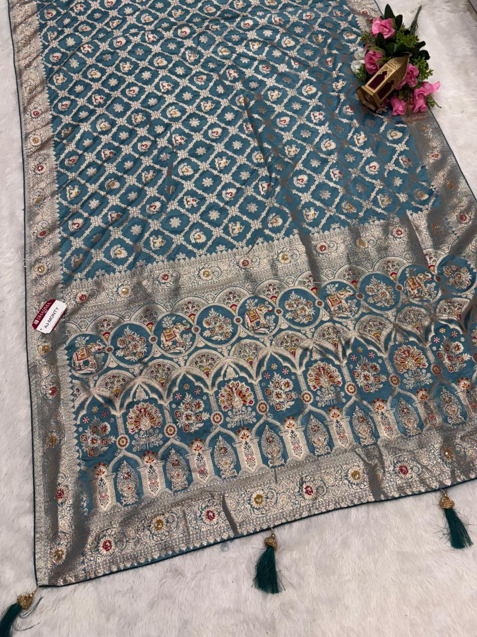 AJ-MONTY Satin silk saree with dusty matching saree with multi meena work with ghatchola pattern