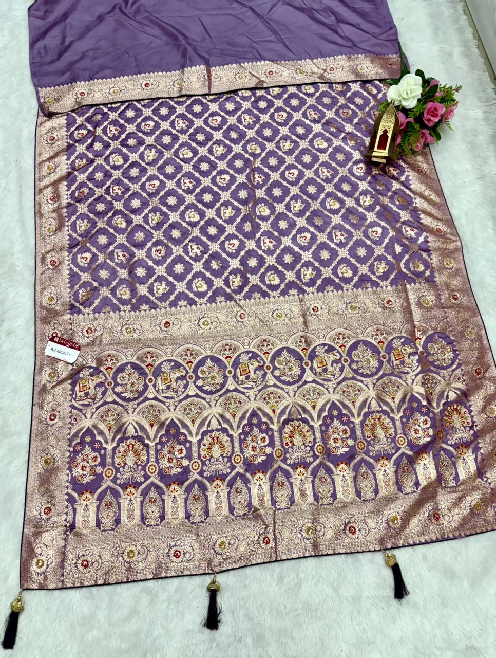 AJ-MONTY Satin silk saree with dusty matching saree with multi meena work with ghatchola pattern