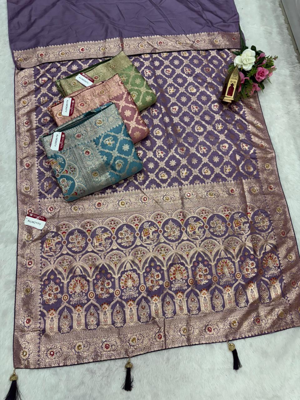 AJ-MONTY Satin silk saree with dusty matching saree with multi meena work with ghatchola pattern