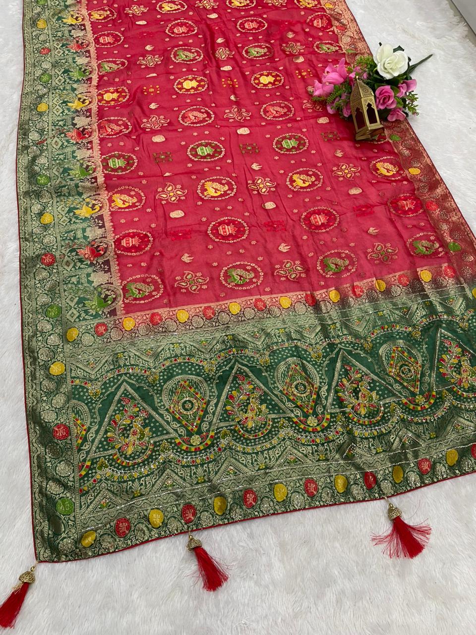 AJ-GUNJAN FENDI SILK FABRIC SAREE WITH 2D DYING WORK WITH MEENAKARI WORK AND DIAMOND WORK WITH PEACOCK FIGURE DESIGN WITH CONTRAST BLOUSE AND PALLU WITH LUXURIOUS TASSELS WITH BUTTI BLOUSE