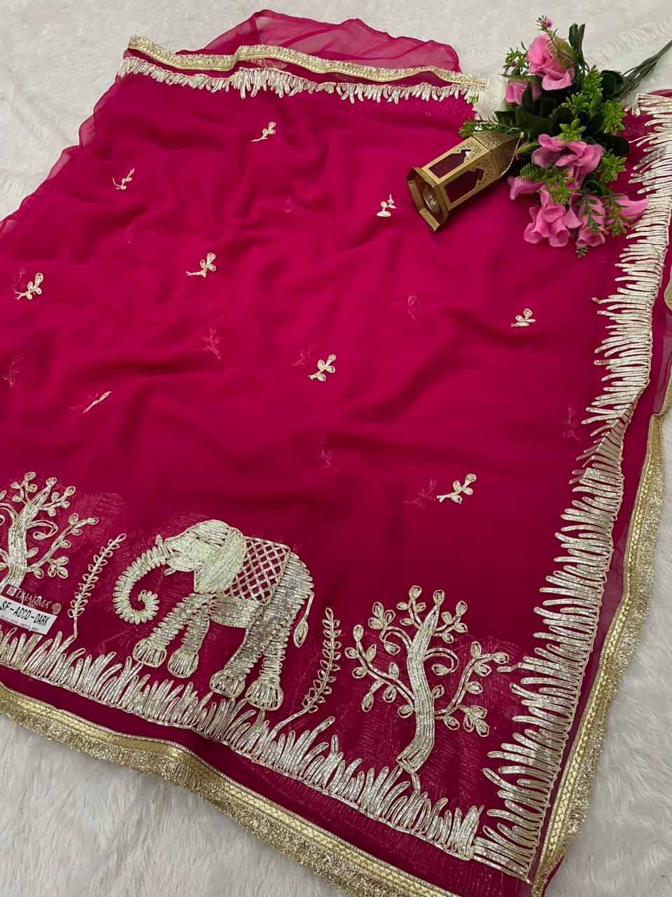 SF-ABCD-DARK STAR GEORGETTE FABRIC SAREE WITH BRAUTIFUL GAJRAJ DESIGN WITH GOTAPATTI WORK WITH BEAUTIFUL LACE