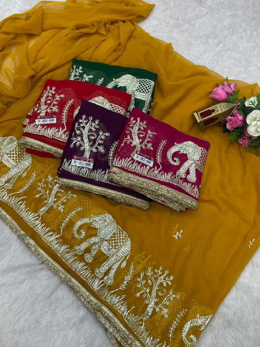 SF-ABCD-DARK STAR GEORGETTE FABRIC SAREE WITH BRAUTIFUL GAJRAJ DESIGN WITH GOTAPATTI WORK WITH BEAUTIFUL LACE