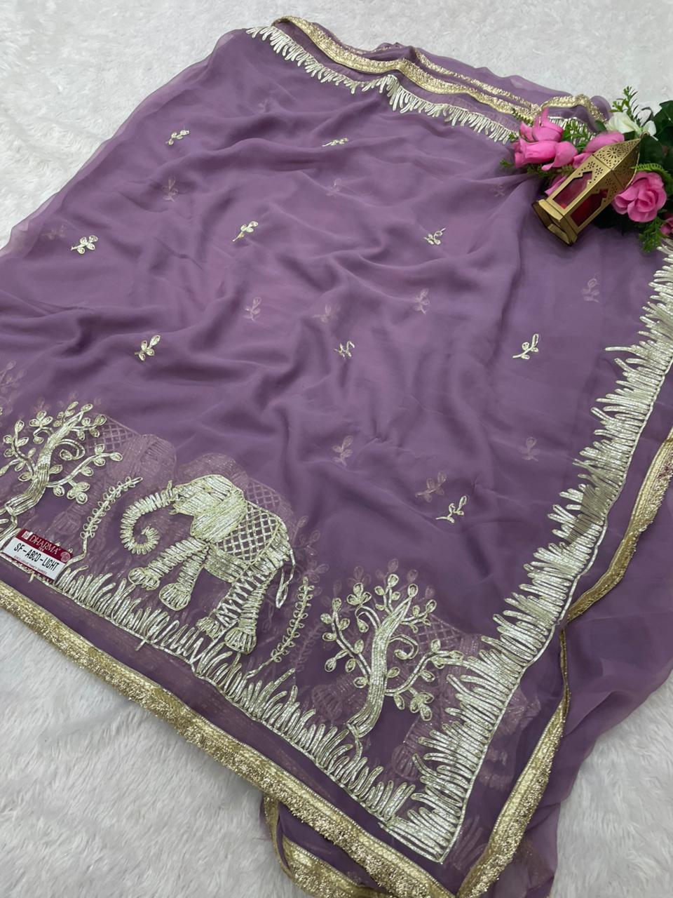 SF-ABCD-LIGHT STAR GEORGETTE FABRIC SAREE WITH BRAUTIFUL GAJRAJ DESIGN WITH GOTAPATTI WORK WITH BEAUTIFUL LACE