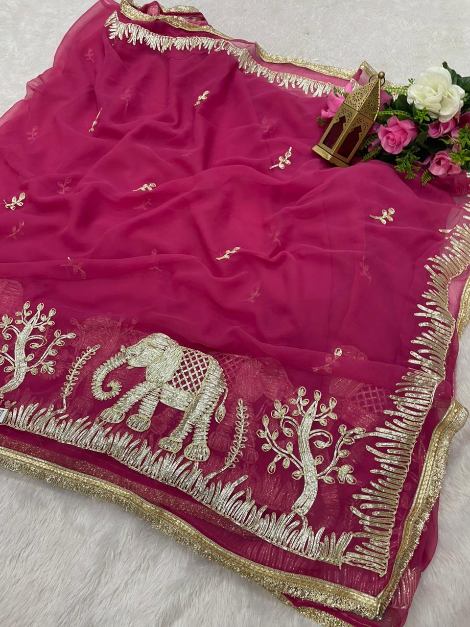 SF-ABCD-LIGHT STAR GEORGETTE FABRIC SAREE WITH BRAUTIFUL GAJRAJ DESIGN WITH GOTAPATTI WORK WITH BEAUTIFUL LACE