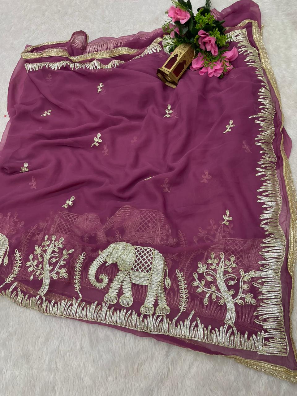 SF-ABCD-LIGHT STAR GEORGETTE FABRIC SAREE WITH BRAUTIFUL GAJRAJ DESIGN WITH GOTAPATTI WORK WITH BEAUTIFUL LACE