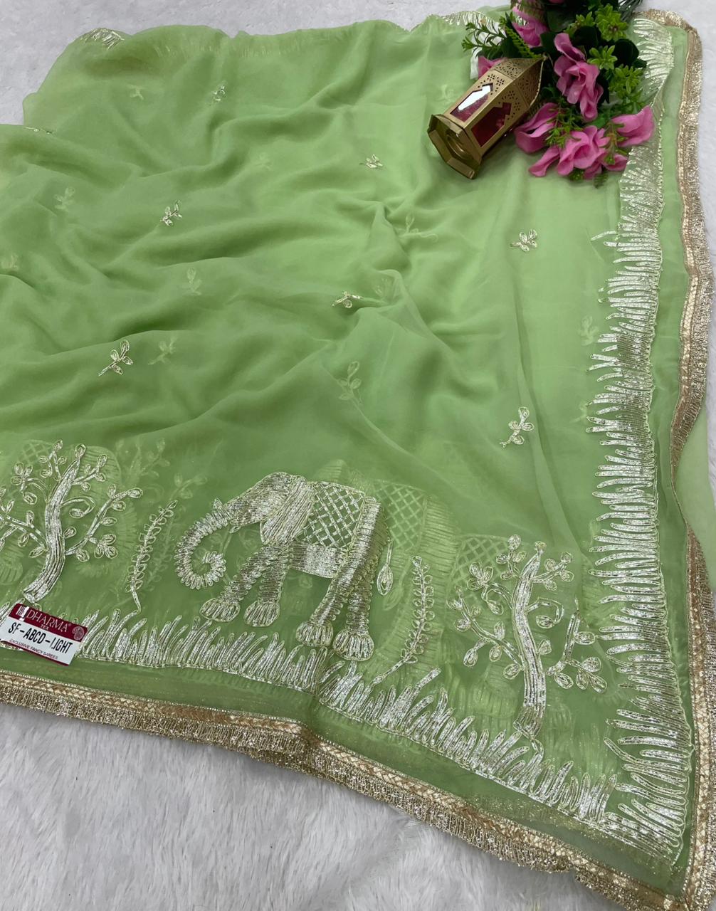 SF-ABCD-LIGHT STAR GEORGETTE FABRIC SAREE WITH BRAUTIFUL GAJRAJ DESIGN WITH GOTAPATTI WORK WITH BEAUTIFUL LACE