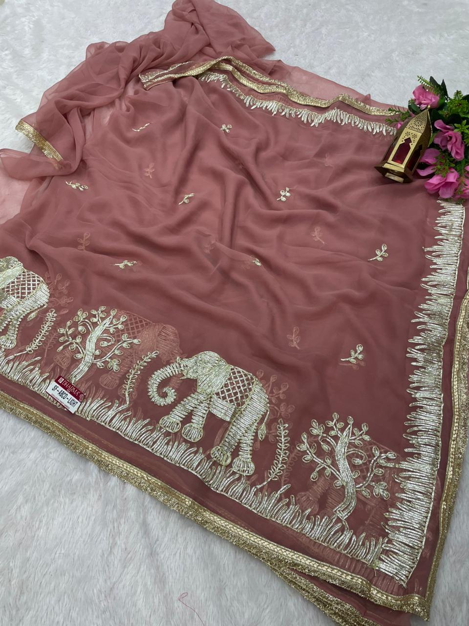 SF-ABCD-LIGHT STAR GEORGETTE FABRIC SAREE WITH BRAUTIFUL GAJRAJ DESIGN WITH GOTAPATTI WORK WITH BEAUTIFUL LACE