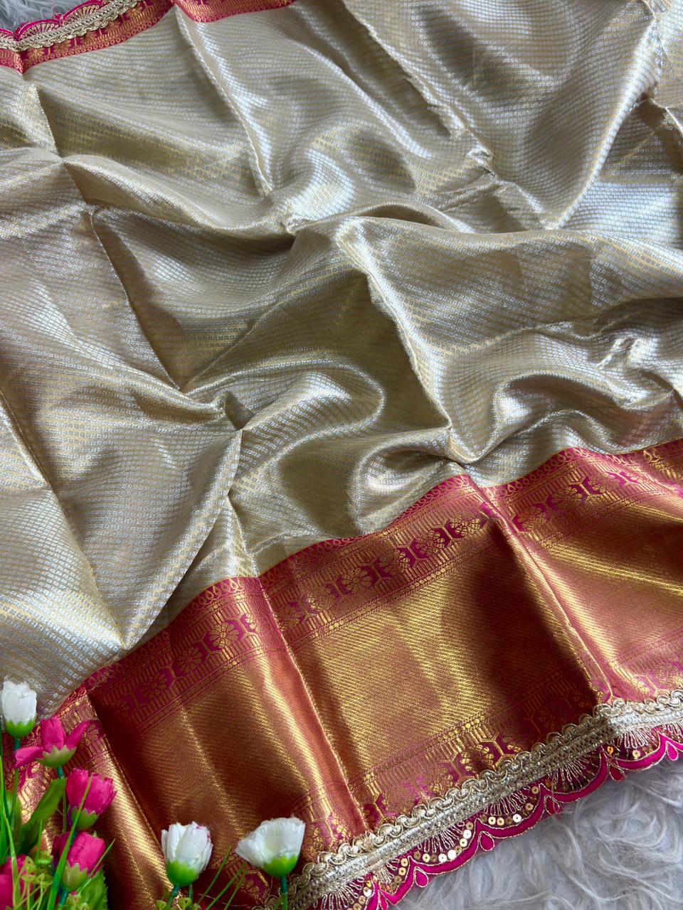 SA-7046 Silk saree with banarasi jaree with lace, catlog saree viral item