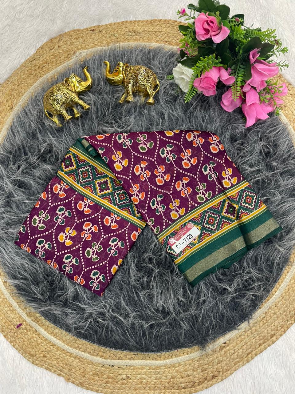 CP-7129 MAL COTTON SAREE WITH BEAUTIFUL PRINT WITH BLOUSE AND PALLU
