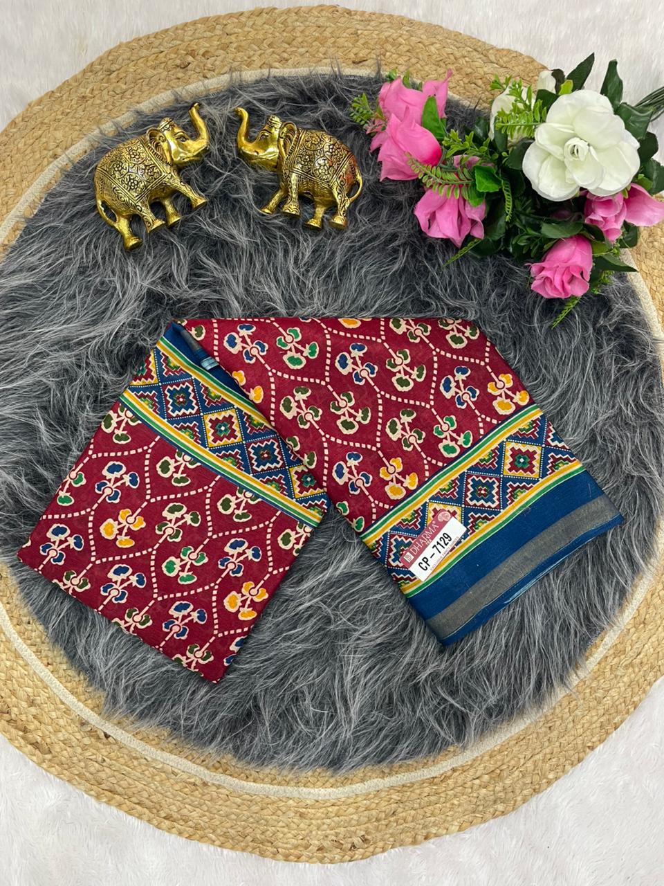 CP-7129 MAL COTTON SAREE WITH BEAUTIFUL PRINT WITH BLOUSE AND PALLU