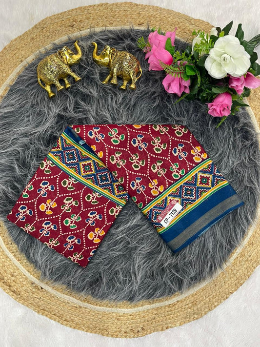 CP-7129 MAL COTTON SAREE WITH BEAUTIFUL PRINT WITH BLOUSE AND PALLU