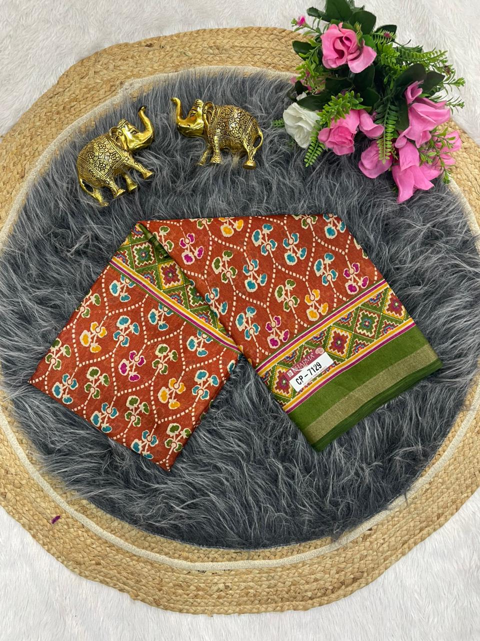 CP-7129 MAL COTTON SAREE WITH BEAUTIFUL PRINT WITH BLOUSE AND PALLU