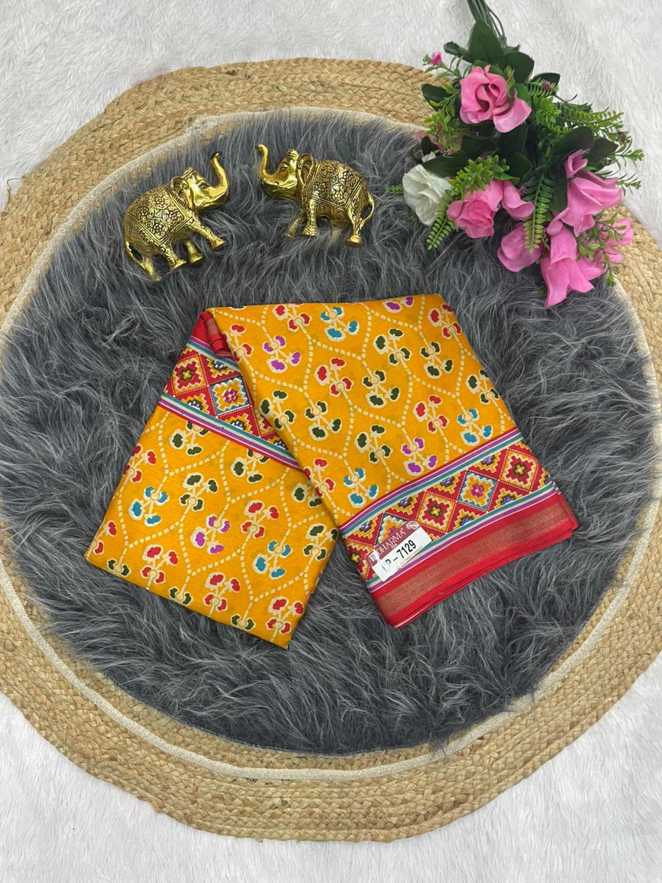 CP-7129 MAL COTTON SAREE WITH BEAUTIFUL PRINT WITH BLOUSE AND PALLU