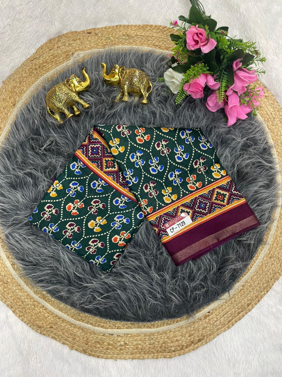 CP-7129 MAL COTTON SAREE WITH BEAUTIFUL PRINT WITH BLOUSE AND PALLU
