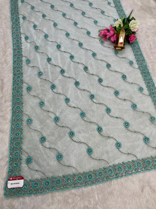 BS-RONAK PREMIUM NET SAREE WITH HEAVY EMBROIDERY WORK WITH THREAD AND JARKAN WORK WITH LAHERIA AND WORK BLOUSE