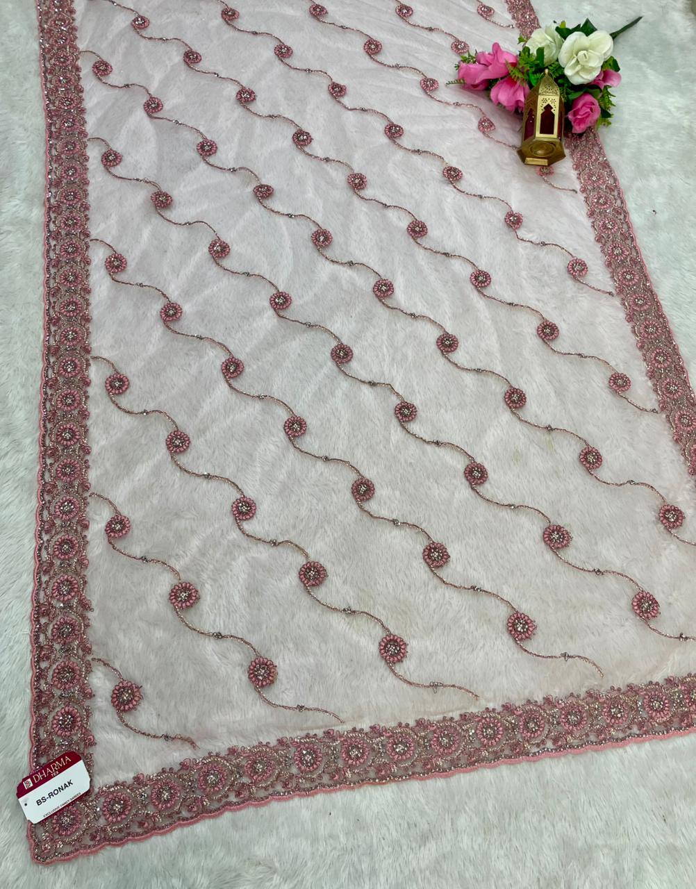 BS-RONAK PREMIUM NET SAREE WITH HEAVY EMBROIDERY WORK WITH THREAD AND JARKAN WORK WITH LAHERIA AND WORK BLOUSE