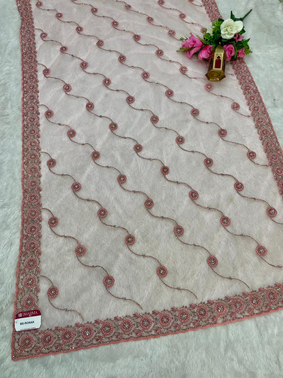 BS-RONAK PREMIUM NET SAREE WITH HEAVY EMBROIDERY WORK WITH THREAD AND JARKAN WORK WITH LAHERIA AND WORK BLOUSE
