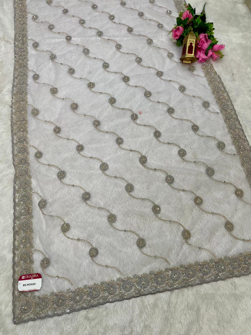 BS-RONAK PREMIUM NET SAREE WITH HEAVY EMBROIDERY WORK WITH THREAD AND JARKAN WORK WITH LAHERIA AND WORK BLOUSE